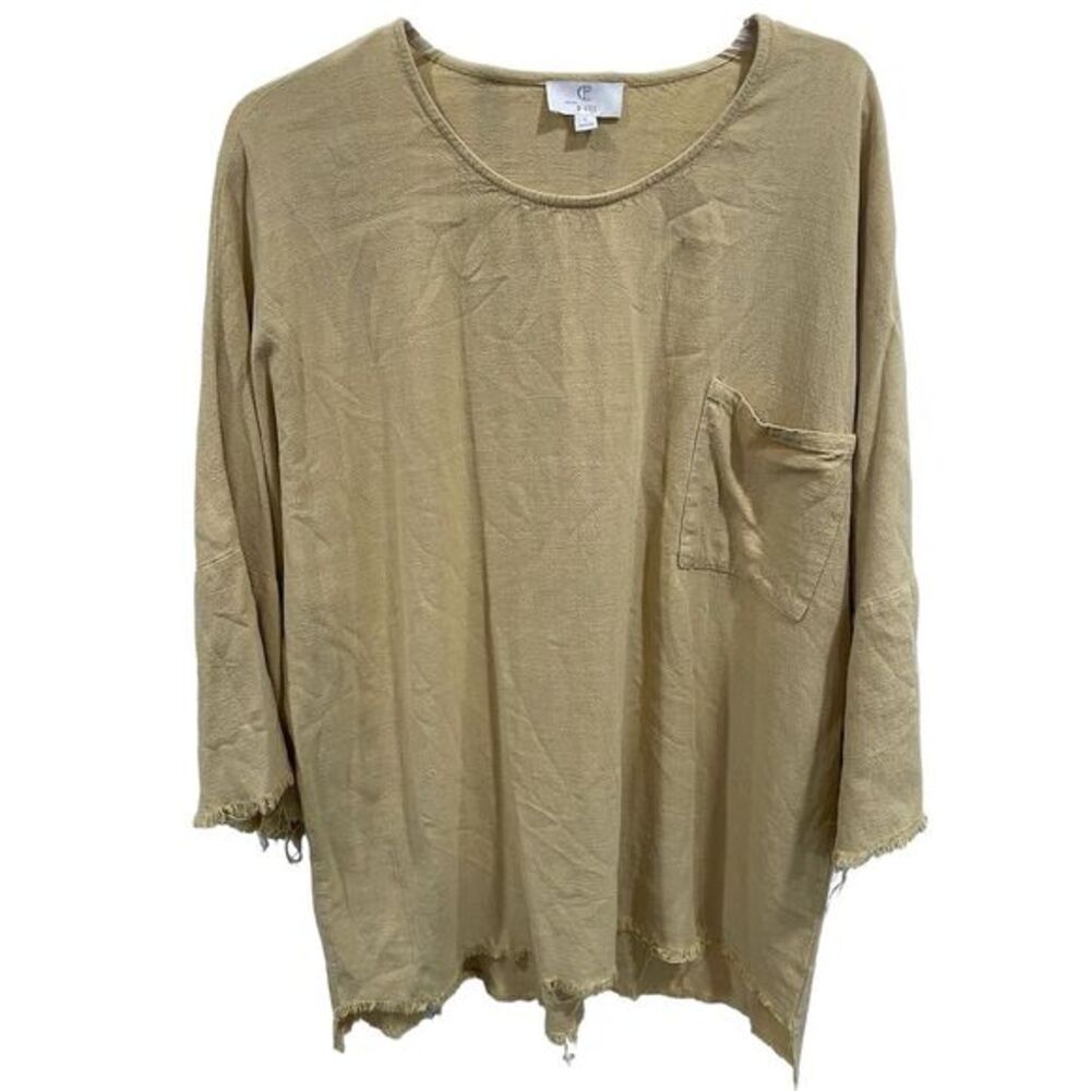 P. Cill Women's Vintage Beige Long Sleeve Blouse L Round Neck Frayed Hem‎